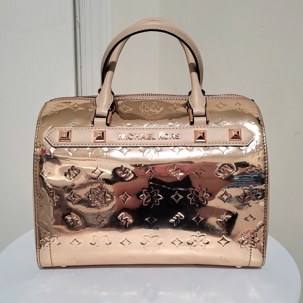 Michael Kors Kara Mirror Metallic Embossed Large Duffle Satchel Bag in Rose Gold
